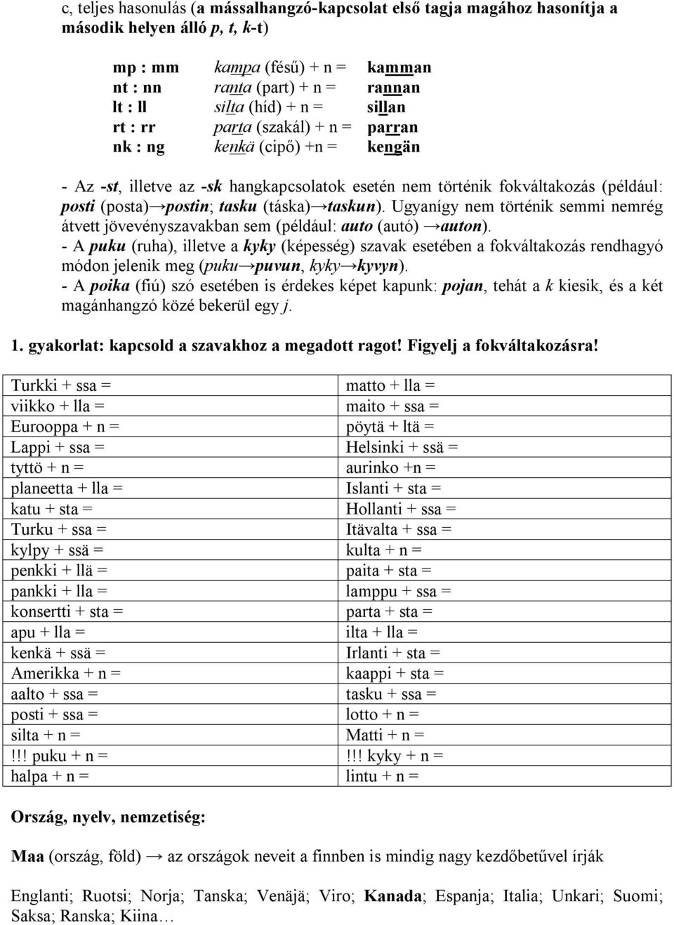 taskun). Ugyanígy nem történik semmi nemrég átvett jövevényszavakban sem (például: auto (autó) auton).