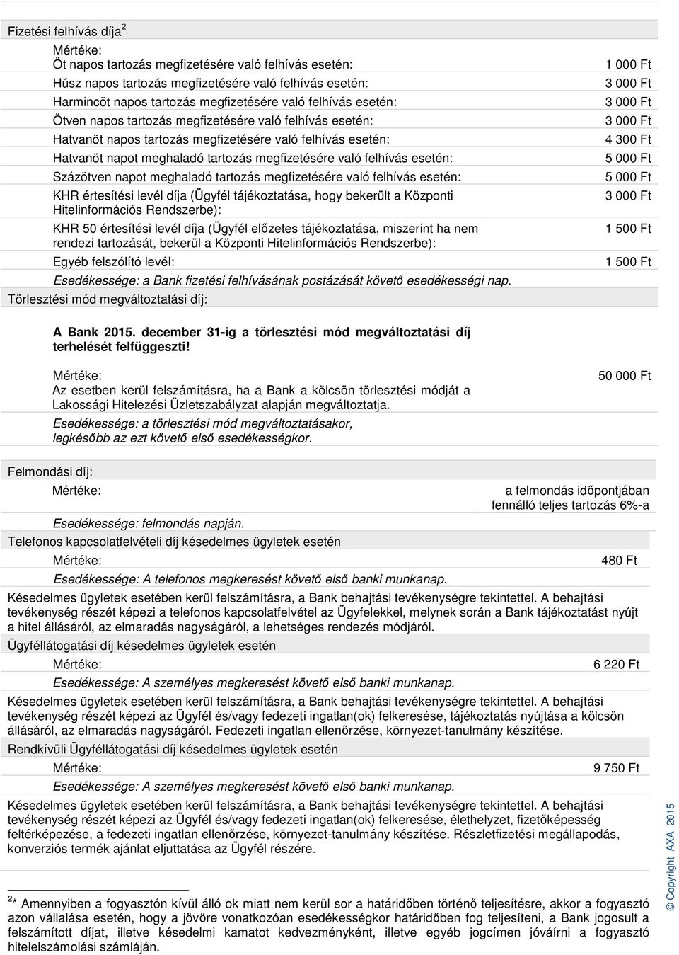 napot meghaladó tartozás megfizetésére való felhívás esetén: KHR értesítési levél díja (Ügyfél tájékoztatása, hogy bekerült a Központi Hitelinformációs Rendszerbe): KHR 50 értesítési levél díja