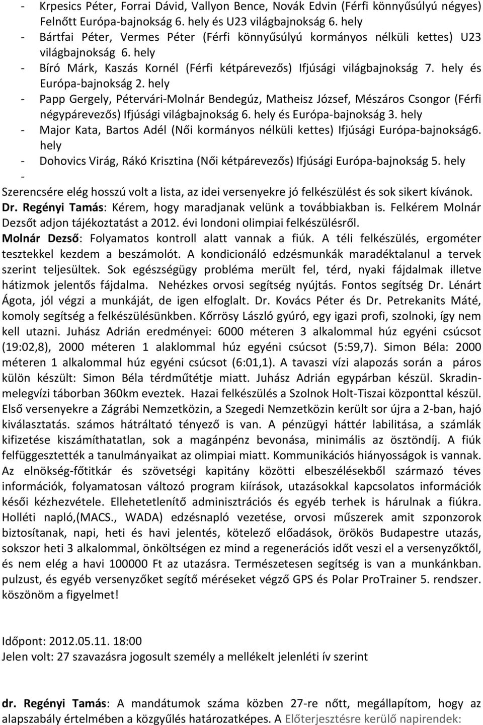 hely és Európa-bajnokság 2. hely - Papp Gergely, Pétervári-Molnár Bendegúz, Matheisz József, Mészáros Csongor (Férfi négypárevezős) Ifjúsági világbajnokság 6. hely és Európa-bajnokság 3.