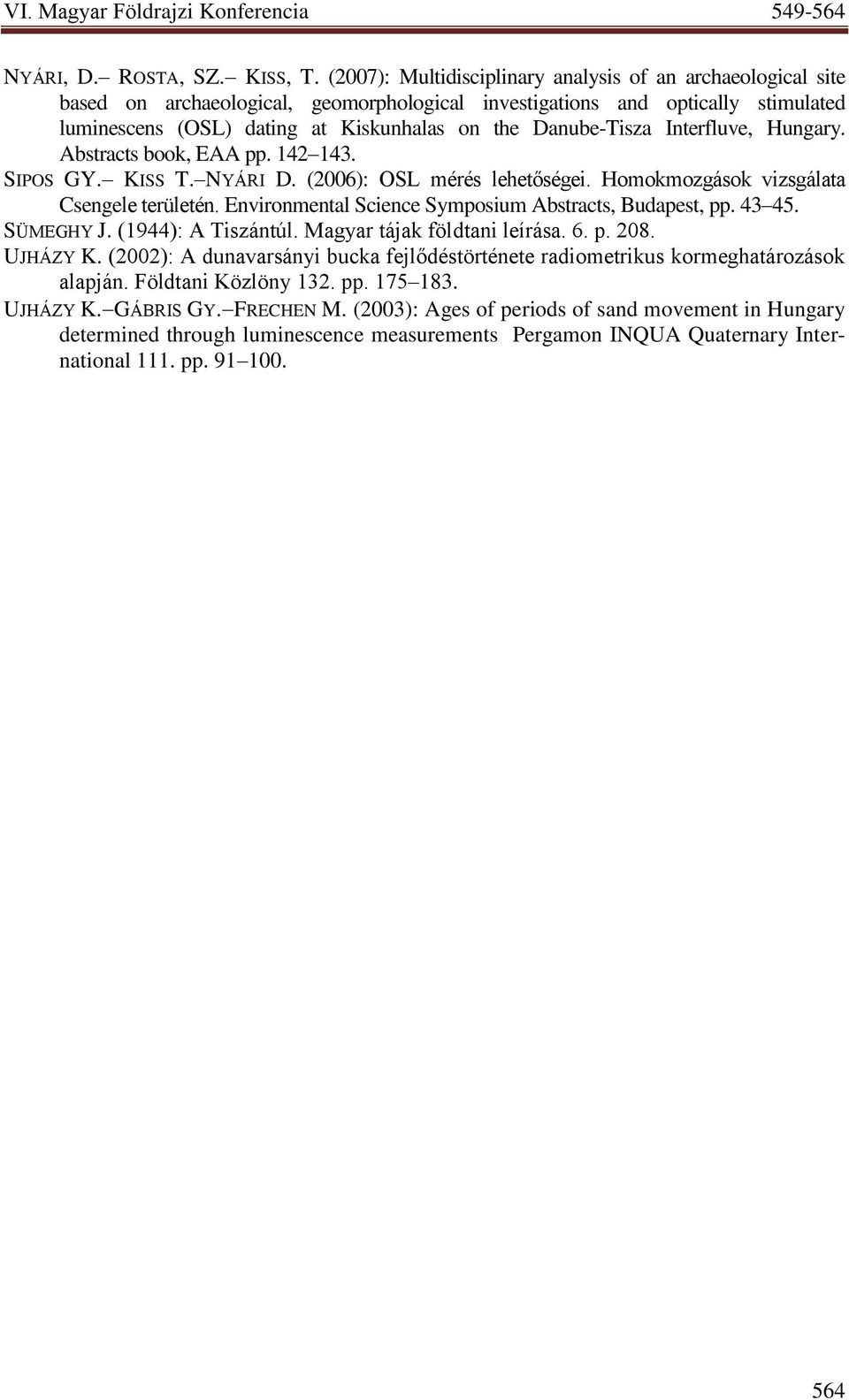 Danube-Tisza Interfluve, Hungary. Abstracts book, EAA pp. 142 143. SIPOS GY. KISS T. NYÁRI D. (2006): OSL mérés lehetőségei. Homokmozgások vizsgálata Csengele területén.