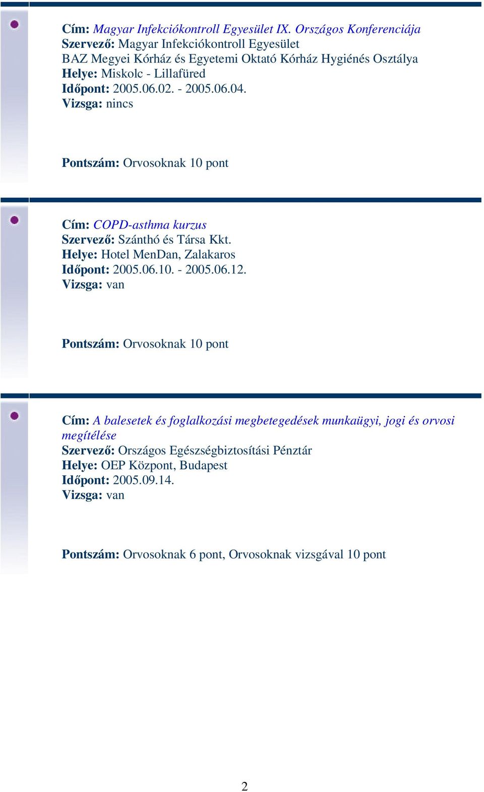 Helye: Miskolc - Lillafüred Időpont: 2005.06.02. - 2005.06.04. Cím: COPD-asthma kurzus Szervező: Szánthó és Társa Kkt.