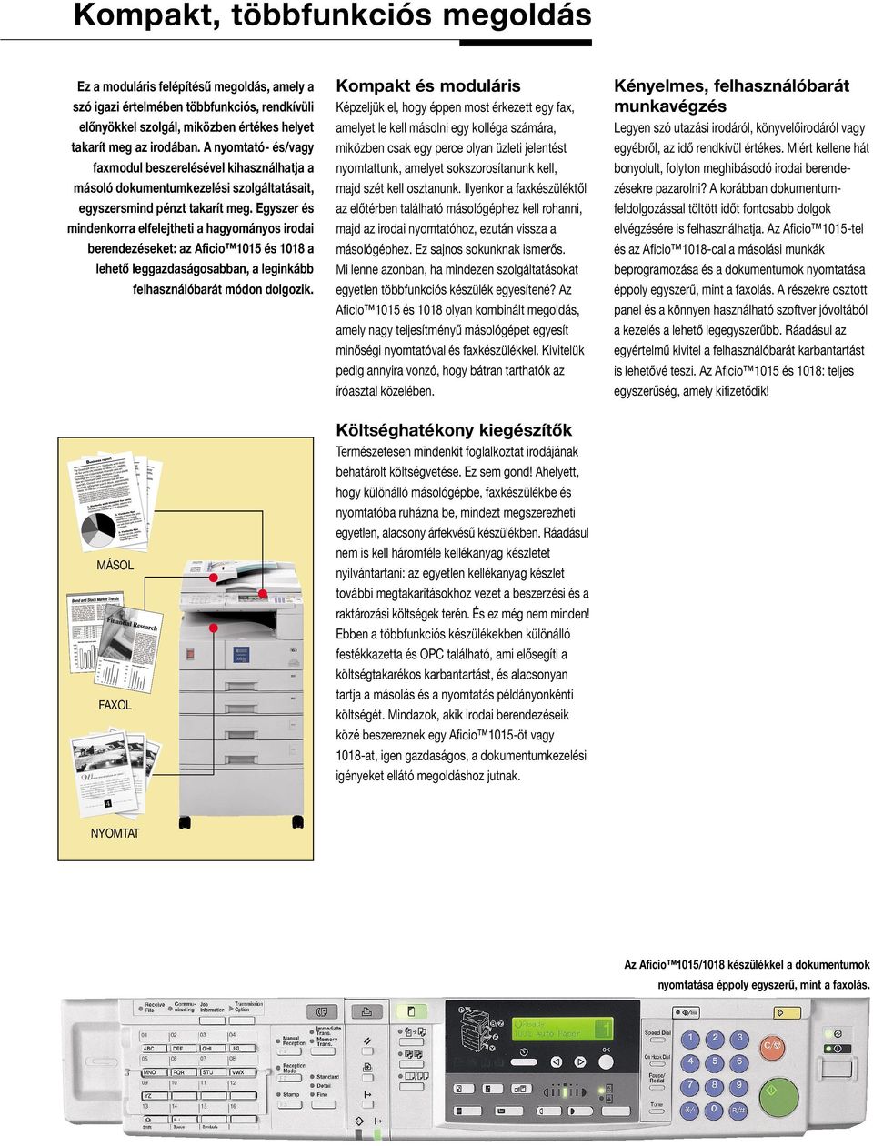 Egyszer és mindenkorra elfelejtheti a hagyományos irodai berendezéseket: az Aficio 1015 és 1018 a lehető leggazdaságosabban, a leginkább felhasználóbarát módon dolgozik.