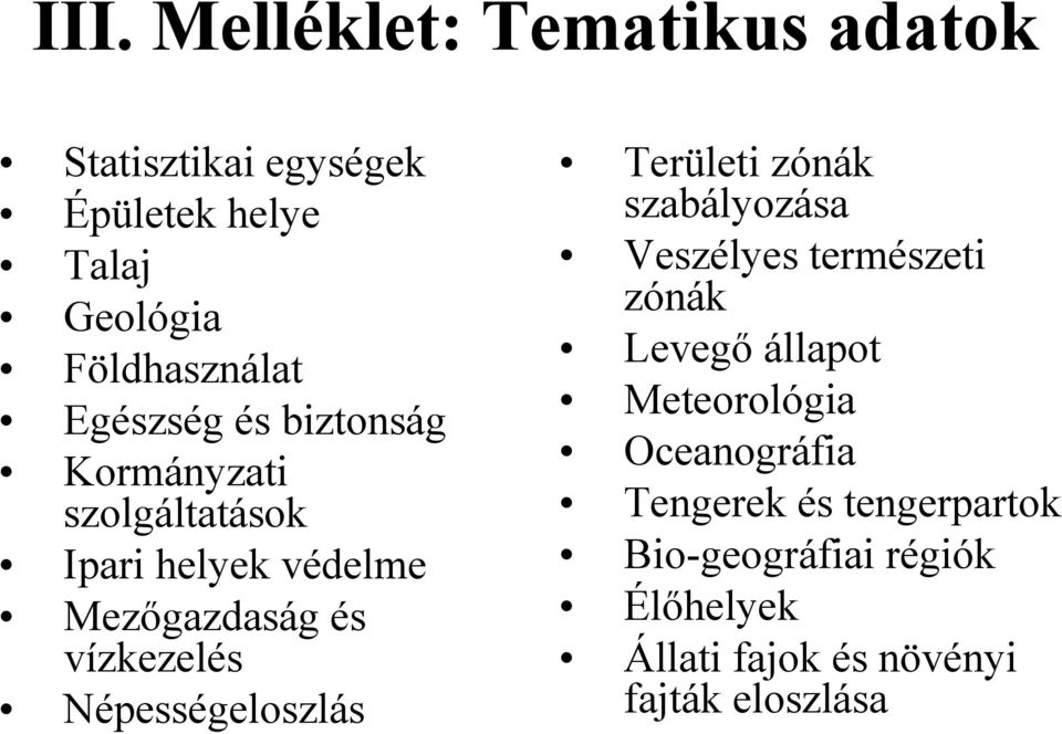 Népességeloszlás Területi zónák szabályozása Veszélyes természeti zónák Levegő állapot Meteorológia