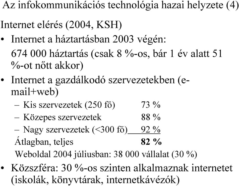 szervezetek (250 fő) 73 % Közepes szervezetek 88 % Nagy szervezetek (<300 fő) 92 % Átlagban, teljes 82 % Weboldal 2004