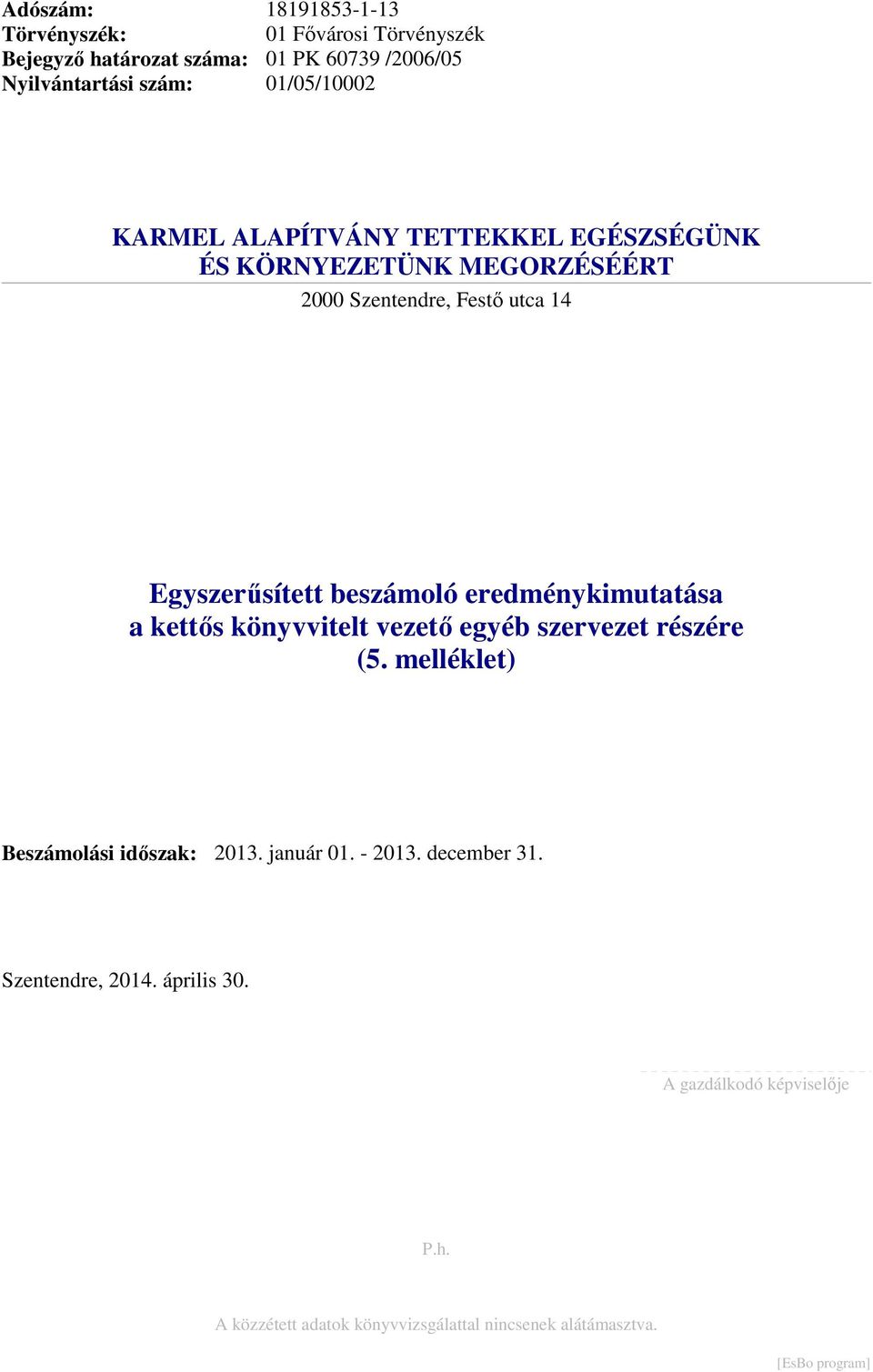 beszámoló eredménykimutatása a kettős könyvvitelt vezető egyéb szervezet részére (5. melléklet) Beszámolási időszak: 2013. január 01.