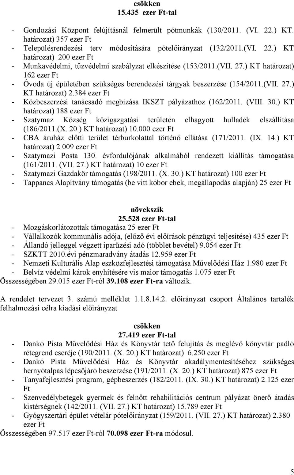 384 ezer Ft - Közbeszerzési tanácsadó megbízása IKSZT pályázathoz (162/2011. (VIII. 30.) KT határozat) 188 ezer Ft - Szatymaz Község közigazgatási területén elhagyott hulladék elszállítása (186/2011.