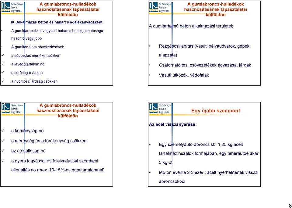 Vasúti ütközők, védőfalak Egy újabb szempont a keménység nő a merevség és a törékenység csökken az ütésállóság nő a gyors fagyással és felolvadással szembeni ellenállás nő (max.