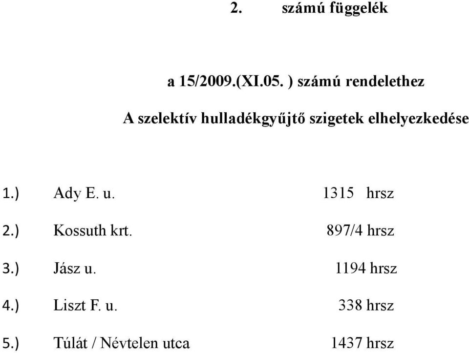 elhelyezkedése 1.) Ady E. u. 1315 hrsz 2.) Kossuth krt.