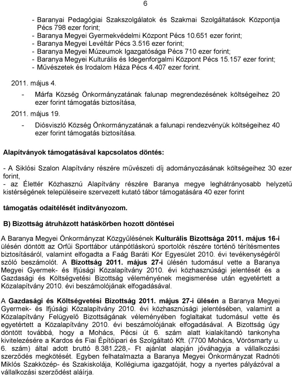 407 ezer forint. 2011. május 4. - Márfa Község Önkormányzatának falunap megrendezésének költségeihez 20 ezer forint támogatás biztosítása, 2011. május 19.