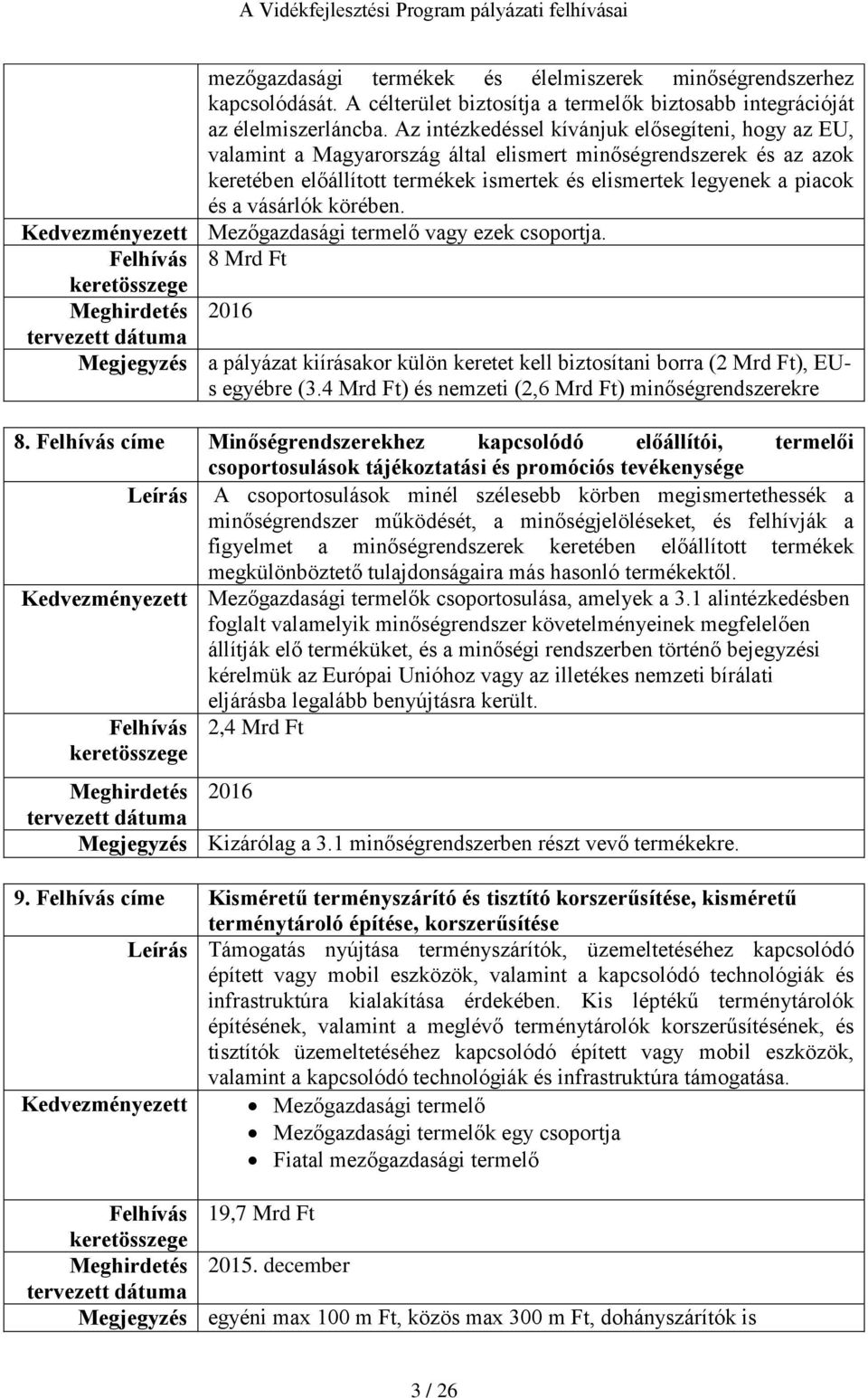 vásárlók körében. Kedvezményezett Mezőgazdasági termelő vagy ezek csoportja. Felhívás 8 Mrd Ft Meghirdetés 2016 a pályázat kiírásakor külön keretet kell biztosítani borra (2 Mrd Ft), EUs egyébre (3.