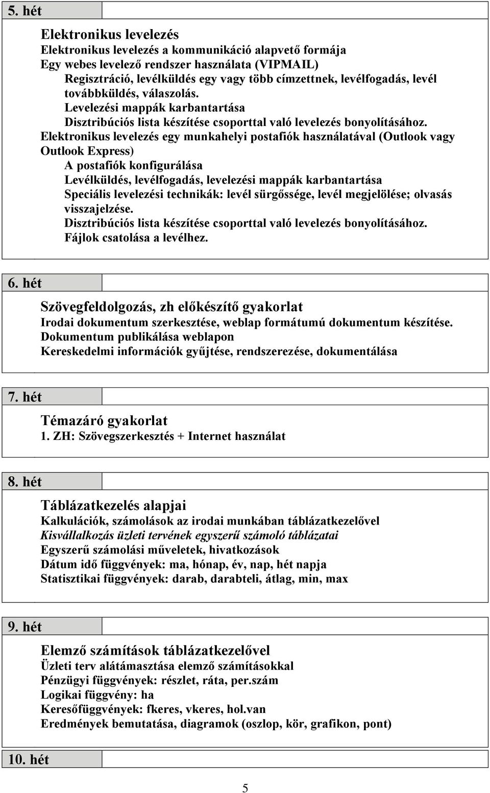 Elektronikus levelezés egy munkahelyi postafiók használatával (Outlook vagy Outlook Express) A postafiók konfigurálása Levélküldés, levélfogadás, levelezési mappák karbantartása Speciális levelezési