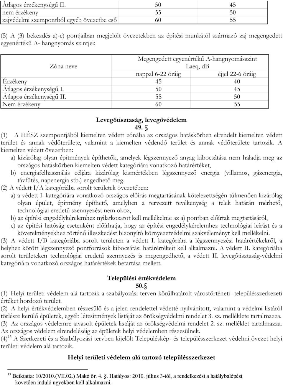 hangnyomás szintjei: Megengedett egyenértékű A-hangnyomásszint Zóna neve Laeq, db nappal 6-22 óráig éjjel 22-6 óráig Érzékeny 45 40 Átlagos érzékenységű I.