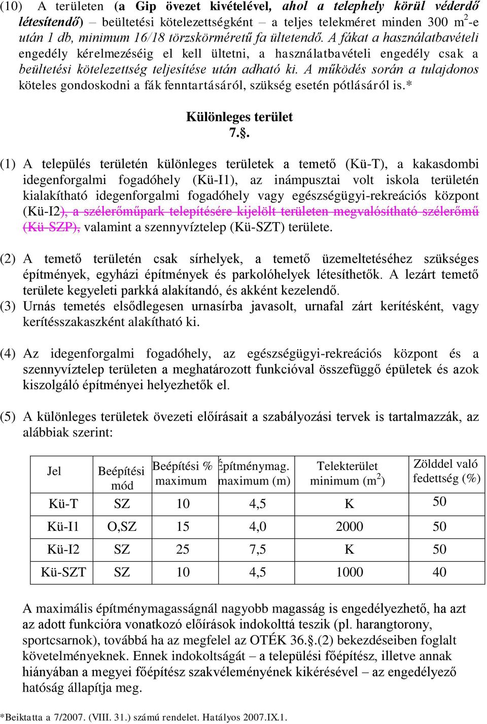 A működés során a tulajdonos köteles gondoskodni a fák fenntartásáról, szükség esetén pótlásáról is.* Különleges terület 7.