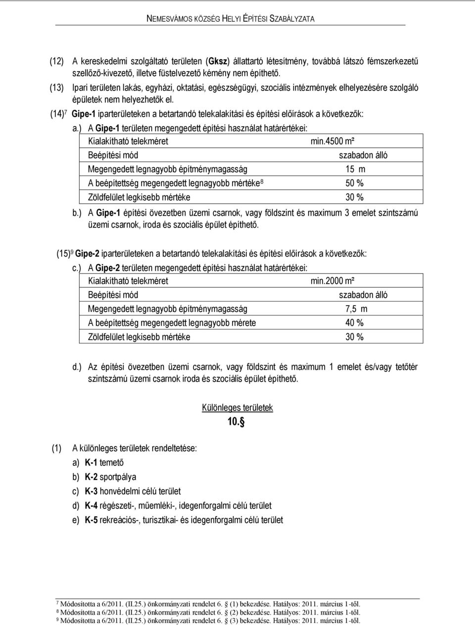 (14) 7 Gipe-1 iparterületeken a betartandó telekalakítási és építési előírások a következők: a.) A Gipe-1 területen megengedett építési használat határértékei: Kialakítható telekméret min.