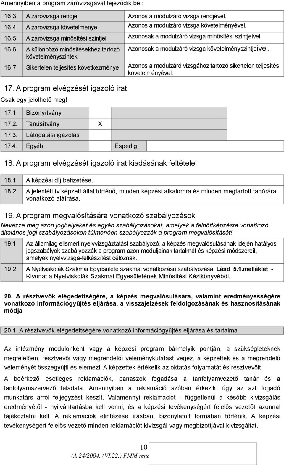 Sikertelen teljesítés következménye Azonos a modulzáró vizsgához tartozó sikertelen teljesítés követelményével. 17. A program elvégzését igazoló irat Csak egy jelölhető meg! 17.1 Bizonyítvány 17.2.