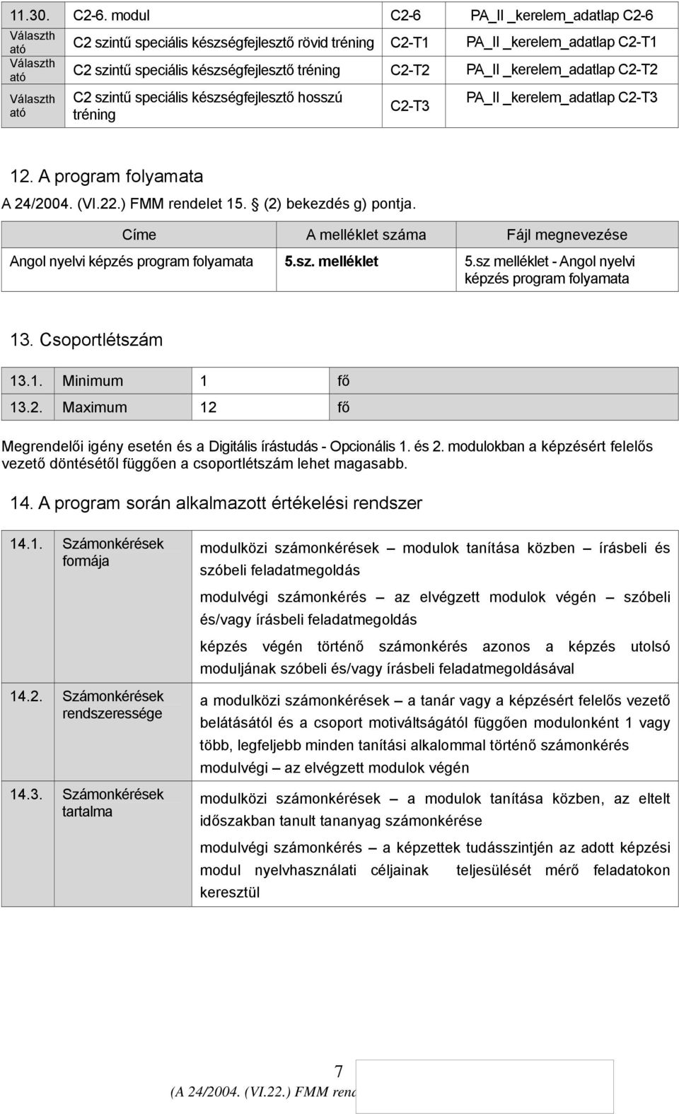 C2-T2 C2 szintű speciális készségfejlesztő hosszú tréning C2-T3 PA_II _kerelem_adatlap C2-T3 12. A program folyamata A 24/2004. (VI.22.) FMM rendelet 15. (2) bekezdés g) pontja.