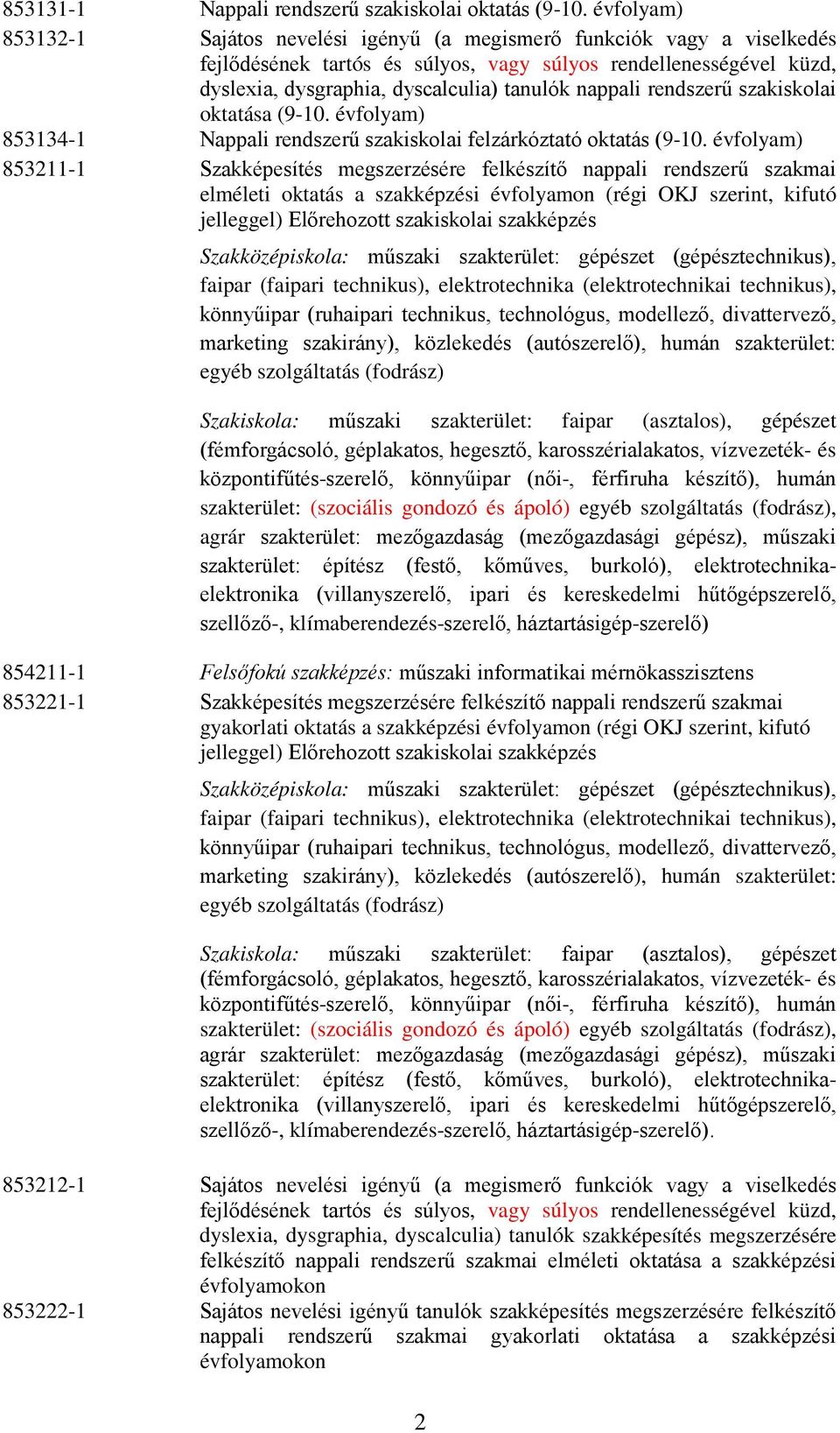 nappali rendszerű szakiskolai oktatása (9-10. évfolyam) 853134-1 Nappali rendszerű szakiskolai felzárkóztató oktatás (9-10.