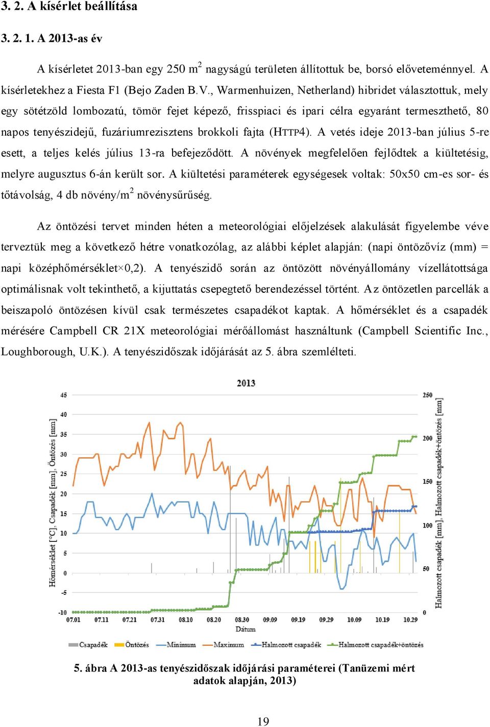 brokkoli fajta (HTTP4). A vetés ideje 2013-ban július 5-re esett, a teljes kelés július 13-ra befejeződött. A növények megfelelően fejlődtek a kiültetésig, melyre augusztus 6-án került sor.