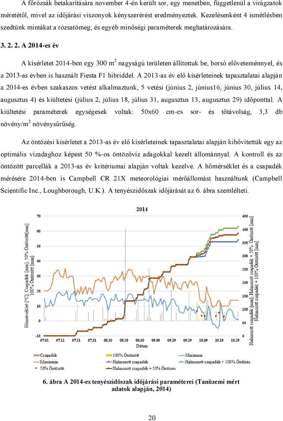 2. A 2014-es év A kísérletet 2014-ben egy 300 m 2 nagyságú területen állítottuk be, borsó előveteménnyel, és a 2013-as évben is használt Fiesta F1 hibriddel.