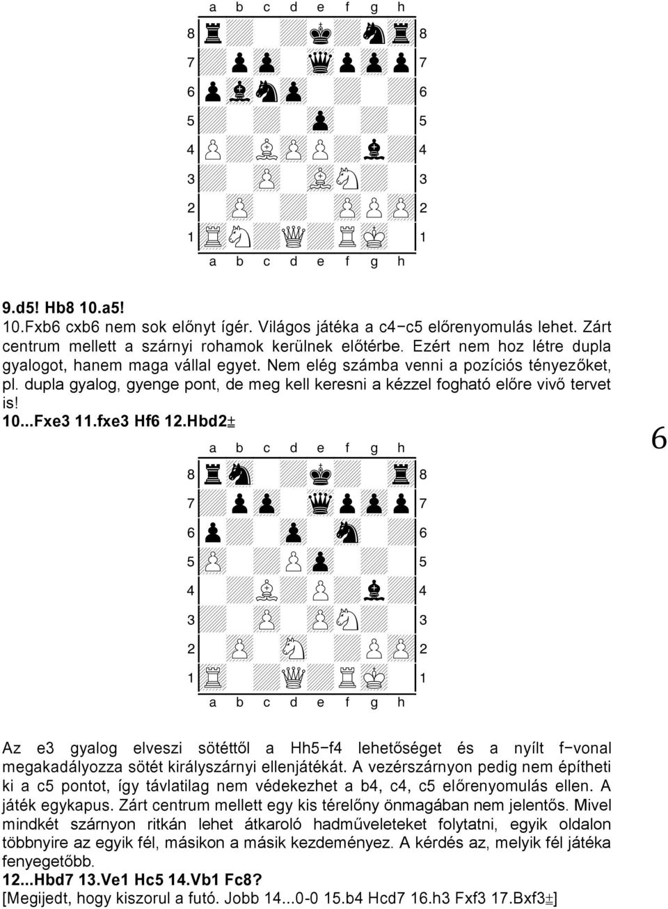 dupla gyalog, gyenge pont, de meg kell keresni a kézzel fogható előre vivő tervet is! 10...Fxe3 11.fxe3 Hf6 12.