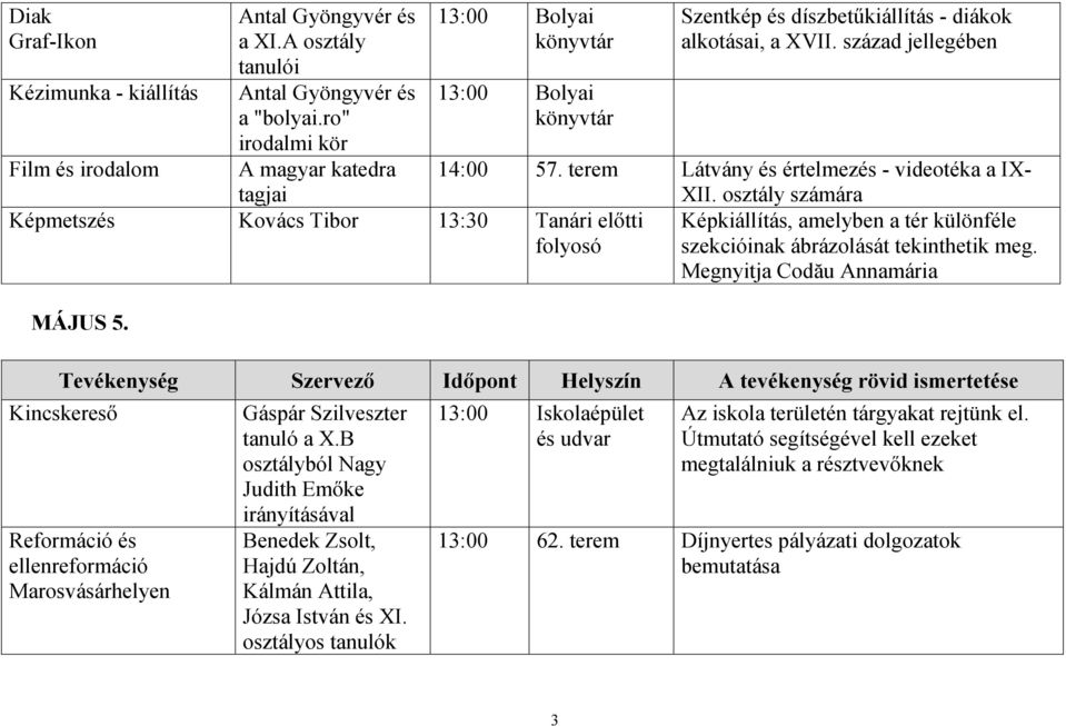 Szentkép és díszbetőkiállítás - diákok alkotásai, a XVII. század jellegében 14:00 57. terem Látvány és értelmezés - videotéka a IX- XII.