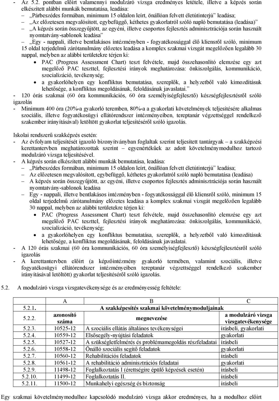 életútinterjú leadása; Az előzetesen megvalósított, egybefüggő, kéthetes gyakorlatról szóló napló bemutatása (leadása) A képzés során összegyűjtött, az egyéni, illetve csoportos fejlesztés