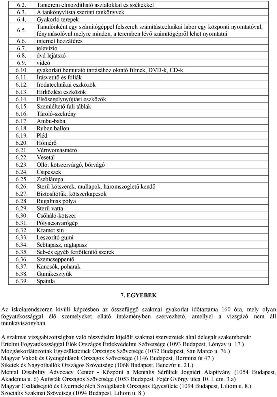 televízió 6.8. dvd lejátszó 6.9. videó 6.10. gyakorlati bemutató tartásához oktató filmek, DVD-k, CD-k 6.11. Írásvetítő és fóliák 6.12. Irodatechnikai eszközök 6.13. Hírközlési eszközök 6.14.