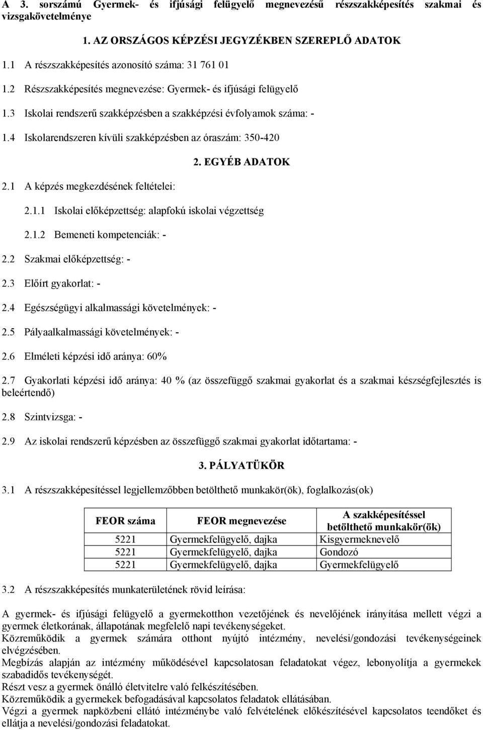 4 Iskolarendszeren kívüli szakképzésben az óraszám: 350-420 2.1 A képzés megkezdésének feltételei: 2. EGYÉB ADATOK 2.1.1 Iskolai előképzettség: alapfokú iskolai végzettség 2.1.2 Bemeneti kompetenciák: - 2.