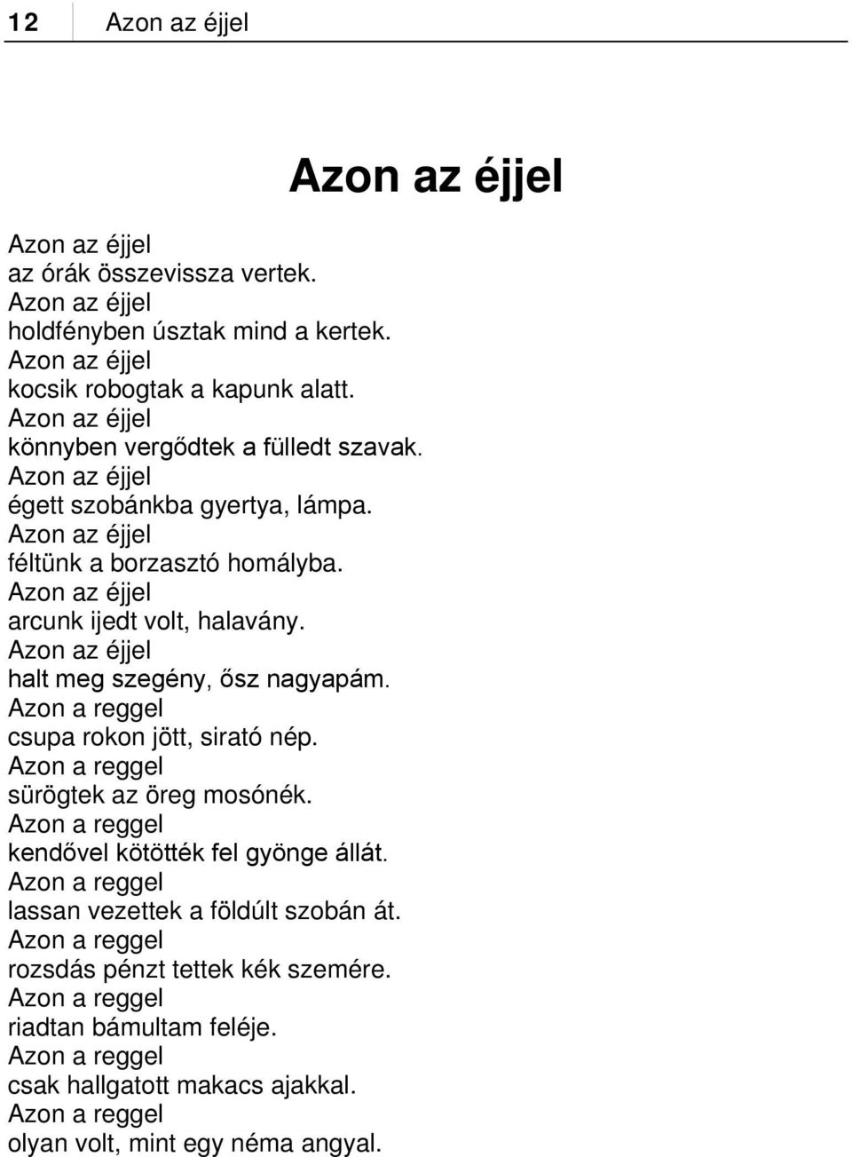 Azon az éjjel halt meg szegény, ősz nagyapám. Azon a reggel csupa rokon jött, sirató nép. Azon a reggel sürögtek az öreg mosónék. Azon a reggel kendővel kötötték fel gyönge állát.