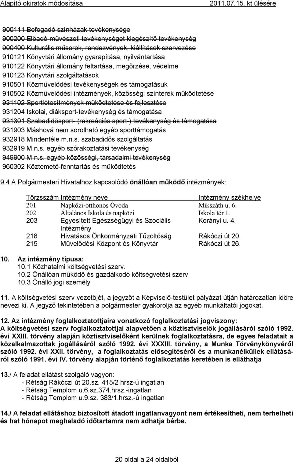 intézmények, közösségi színterek működtetése 931102 Sportlétesítmények működtetése és fejlesztése 931204 Iskolai, diáksport-tevékenység és támogatása 931301 Szabadidősport- (rekreációs sport-)