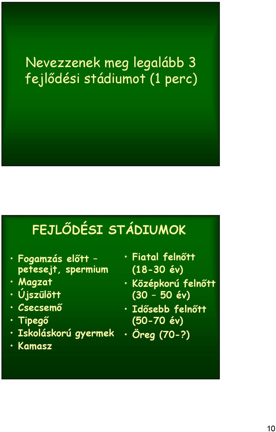 Csecsemő Tipegő Iskoláskorú gyermek Kamasz Fiatal felnőtt (18-30