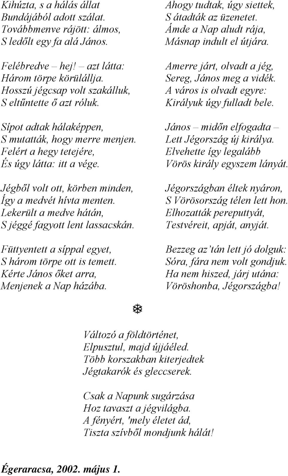 Amerre járt, olvadt a jég, Sereg, János meg a vidék. A város is olvadt egyre: Királyuk úgy fulladt bele. Sípot adtak hálaképpen, János midőn elfogadta S mutatták, hogy merre menjen.