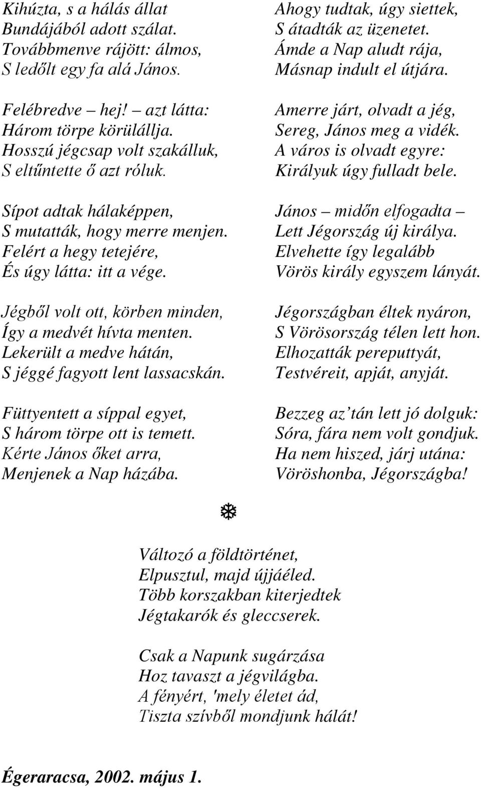 Amerre járt, olvadt a jég, Sereg, János meg a vidék. A város is olvadt egyre: Királyuk úgy fulladt bele. Sípot adtak hálaképpen, János midőn elfogadta S mutatták, hogy merre menjen.