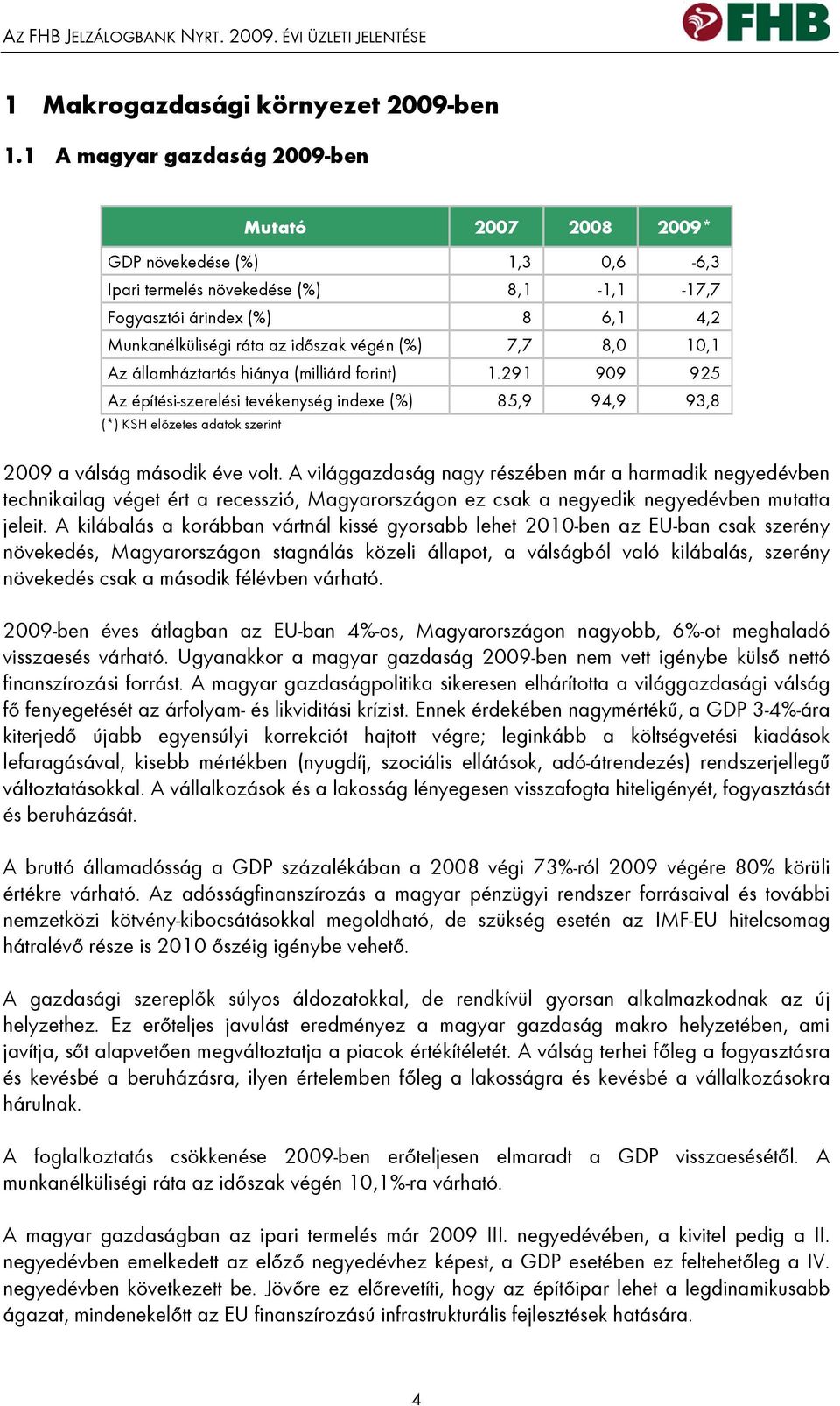 (%) 7,7 8,0 10,1 Az államháztartás hiánya (milliárd forint) 1.291 909 925 Az építési-szerelési tevékenység indexe (%) 85,9 94,9 93,8 (*) KSH előzetes adatok szerint 2009 a válság második éve volt.