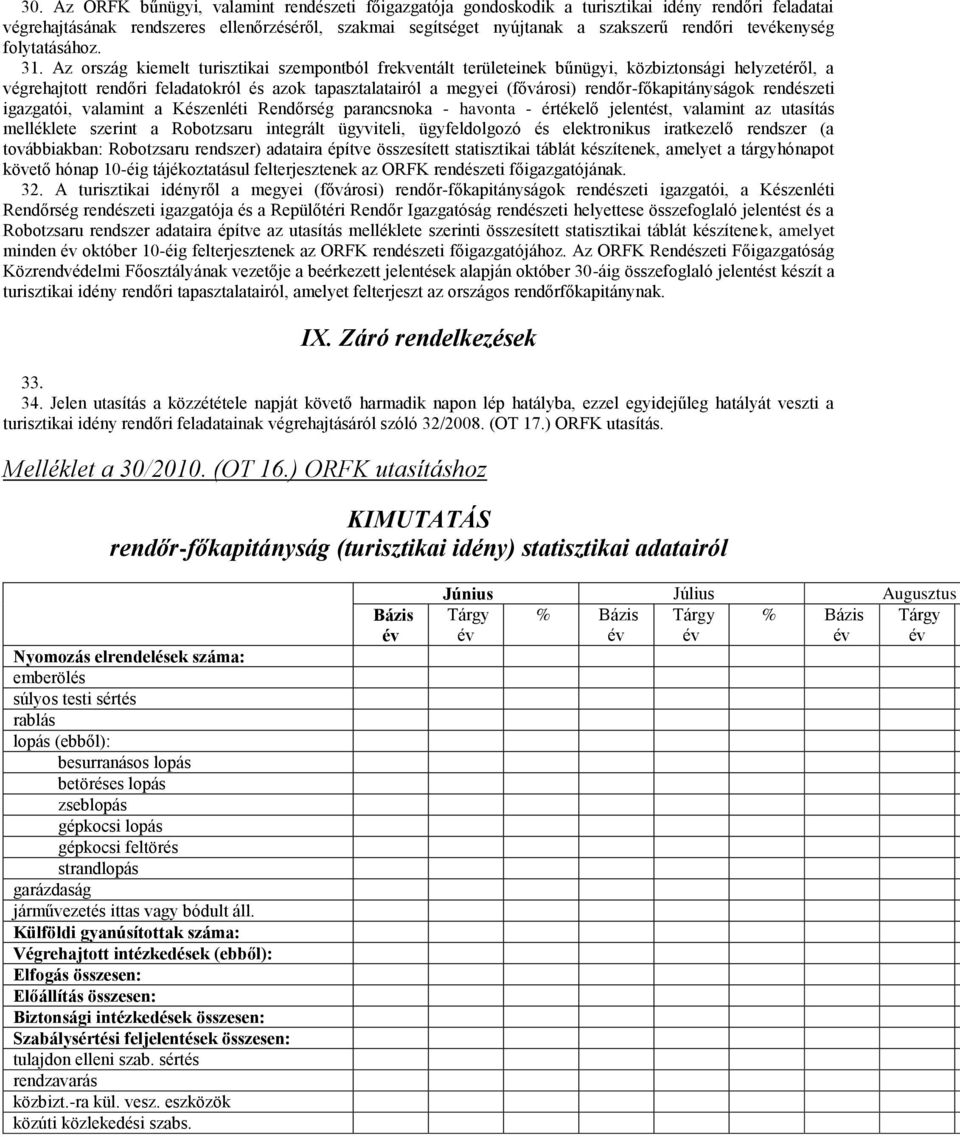 Az ország kiemelt turisztikai szempontból frekventált területeinek bűnügyi, közbiztonsági helyzetéről, a végrehajtott rendőri feladatokról és azok tapasztalatairól a megyei (fővárosi)