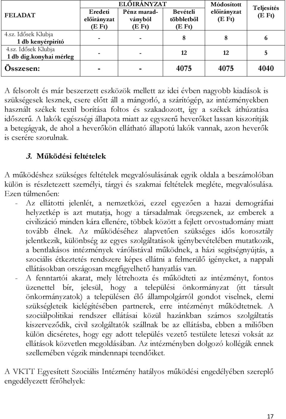 4040 A felsorolt és már beszerzett eszközök mellett az idei évben nagyobb kiadások is szükségesek lesznek, csere előtt áll a mángorló, a szárítógép, az intézményekben használt székek textil borítása