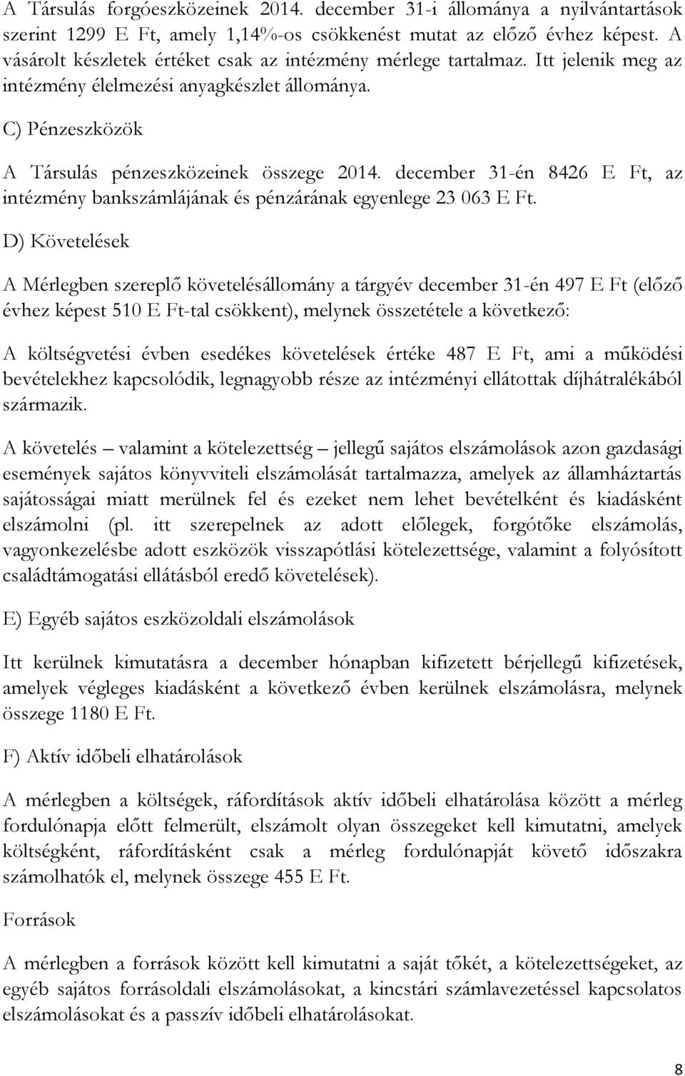 december 31-én 8426 E Ft, az intézmény bankszámlájának és pénzárának egyenlege 23 063 E Ft.