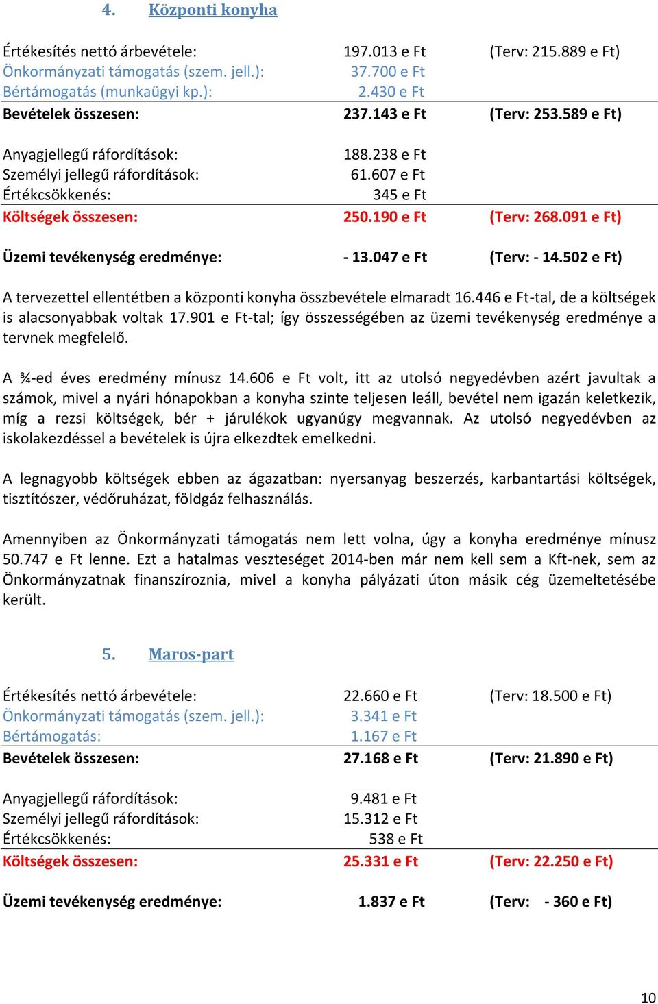 091 e Ft) Üzemi tevékenység eredménye: - 13.047 e Ft (Terv: - 14.502 e Ft) A tervezettel ellentétben a központi konyha összbevétele elmaradt 16.446 e Ft-tal, de a költségek is alacsonyabbak voltak 17.