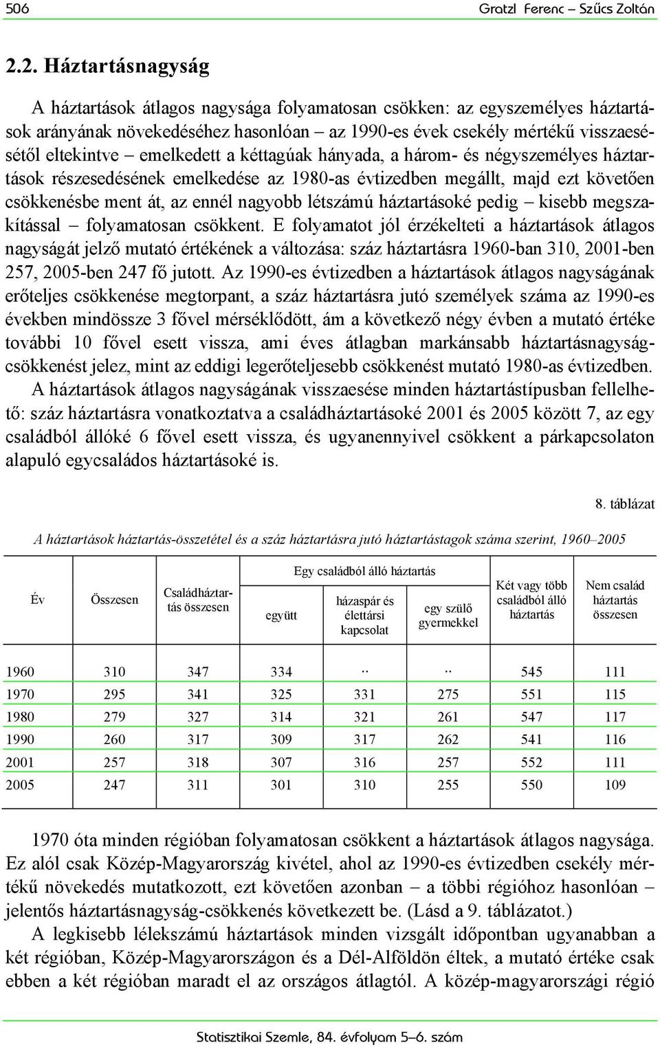 emelkedett a kéttagúak hányada, a három- és négyszemélyes háztartások részesedésének emelkedése az 1980-as évtizedben megállt, majd ezt követően csökkenésbe ment át, az ennél nagyobb létszámú