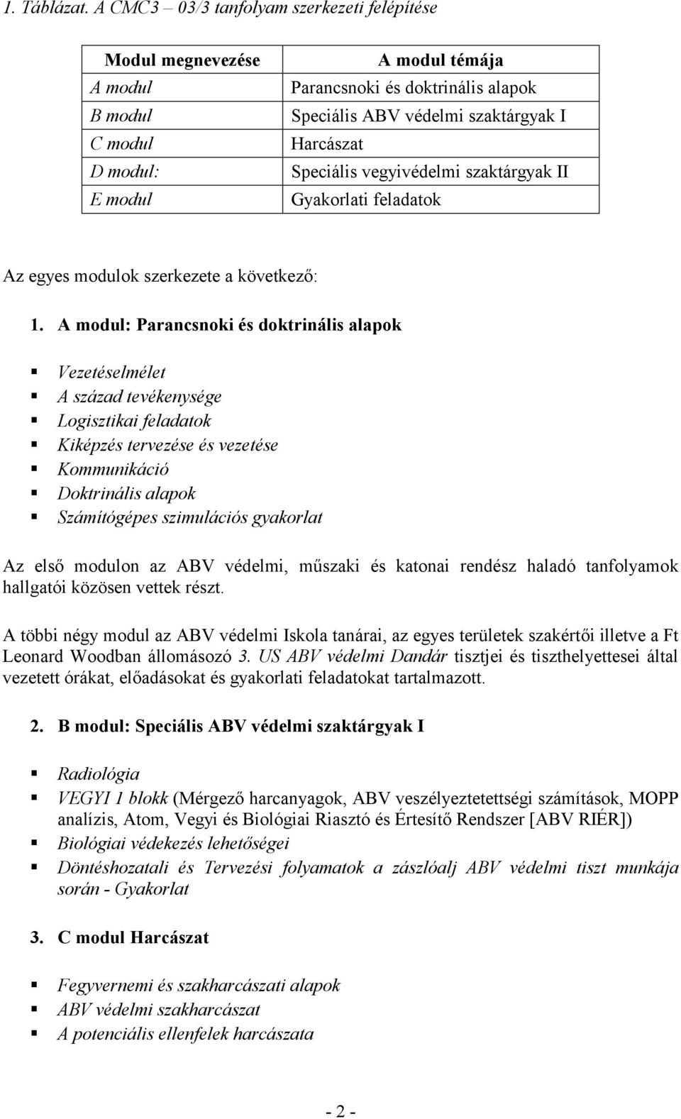 Speciális vegyivédelmi szaktárgyak II Gyakorlati feladatok Az egyes modulok szerkezete a következő: 1.