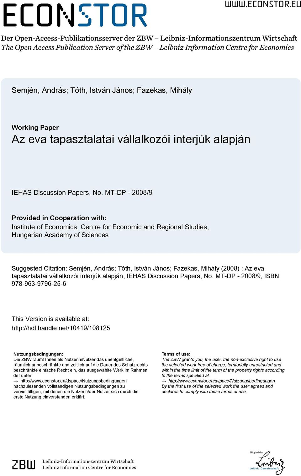 eu Der Open-Access-Publikationsserver der ZBW Leibniz-Informationszentrum Wirtschaft The Open Access Publication Server of the ZBW Leibniz Information Centre for Economics Semjén, András; Tóth,