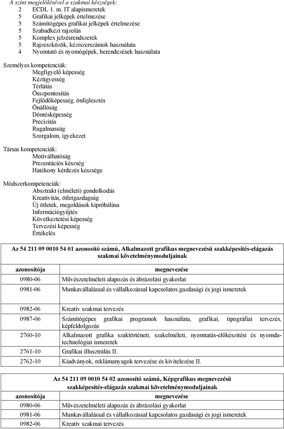 IT alapismeretek 5 Grafikai jelképek értelmezése 5 Számítógépes grafikai jelképek értelmezése 5 Szabadkézi rajzolás 5 Komplex jelzésrendszerek 5 Rajzeszközök, kéziszerszámok használata 4 Nyomtató és