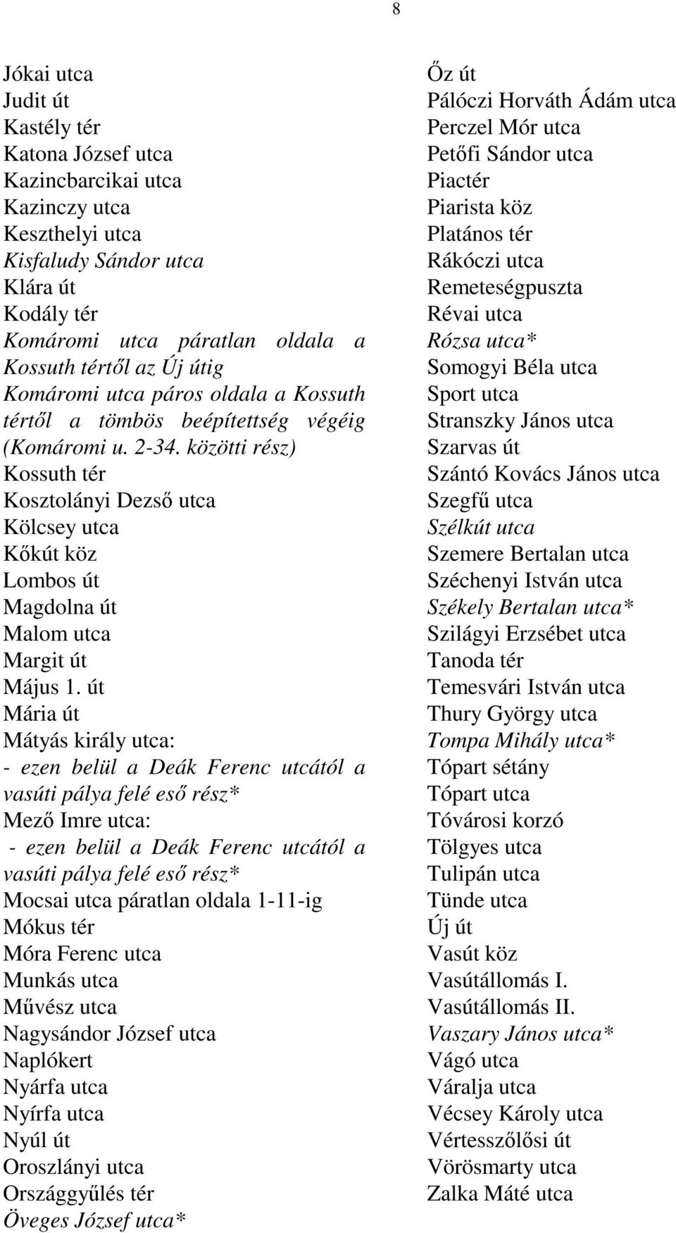 közötti rész) Kossuth tér Kosztolányi Dezsı utca Kölcsey utca Kıkút köz Lombos út Magdolna út Malom utca Margit út Május 1.