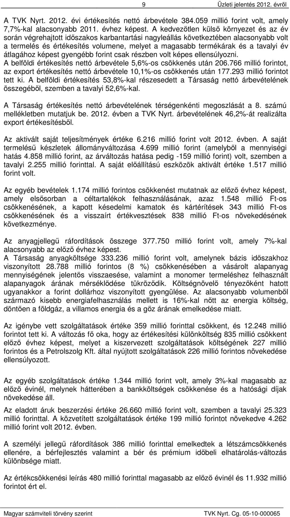 tavalyi év átlagához képest gyengébb forint csak részben volt képes ellensúlyozni. A belföldi értékesítés nettó árbevétele 5,6%-os csökkenés után 206.