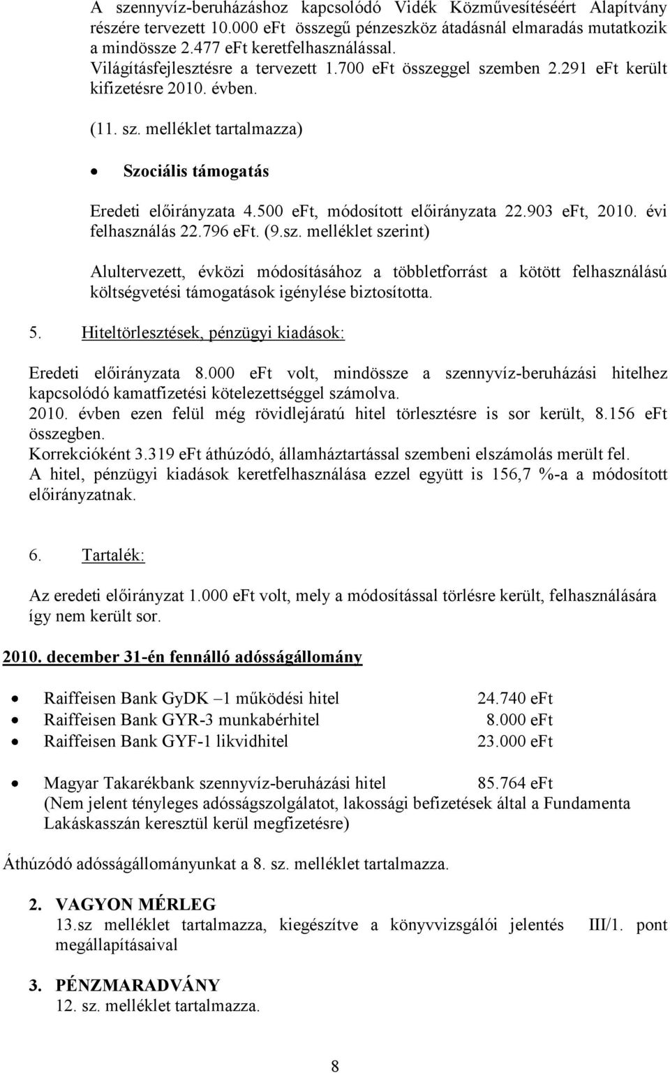 500 eft, módosított előirányzata 22.903 eft, 2010. évi felhaszn