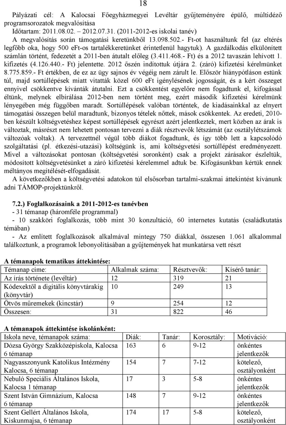 A gazdálkodás elkülönített számlán történt, fedezetét a 2011-ben átutalt előleg (3.411.468.- Ft) és a 2012 tavaszán lehívott 1. kifizetés (4.126.440.- Ft) jelentette. 2012 őszén indítottuk útjára 2.