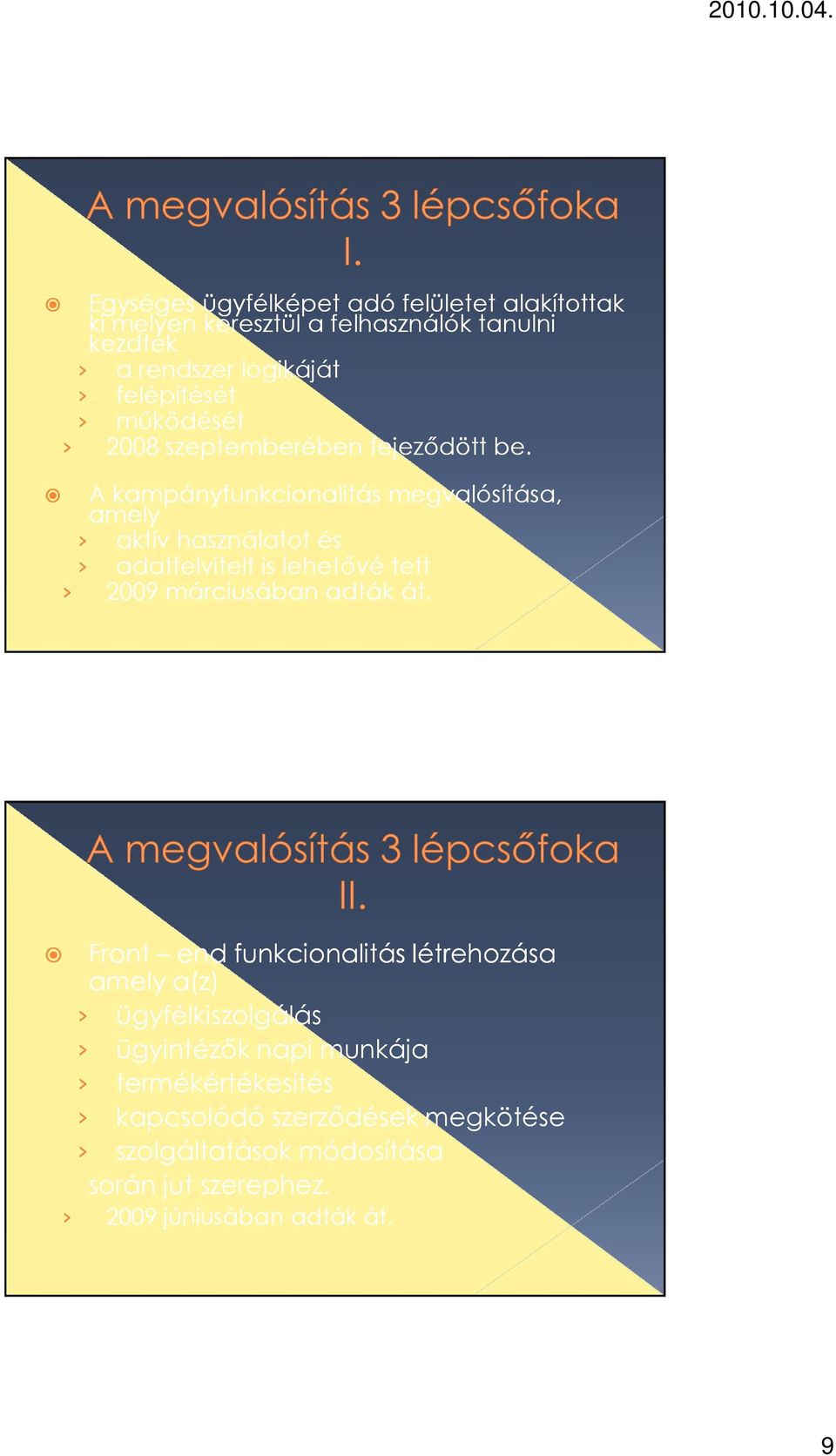 A kampányfunkcionalitás megvalósítása, amely aktív használatot és adatfelvitelt is lehetıvé tett 2009 márciusában adták át.