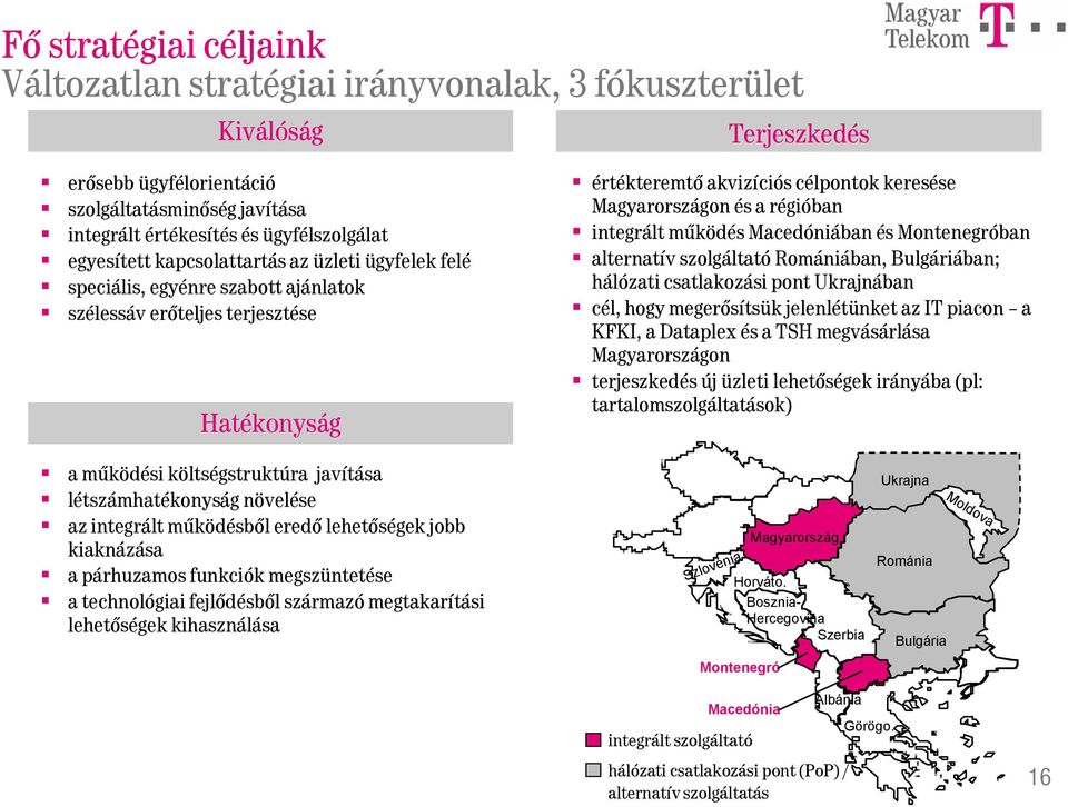 régióban integrált működés Macedóniában és Montenegróban alternatív szolgáltató Romániában, Bulgáriában; hálózati csatlakozási pont Ukrajnában cél, hogy megerősítsük jelenlétünket az IT piacon a