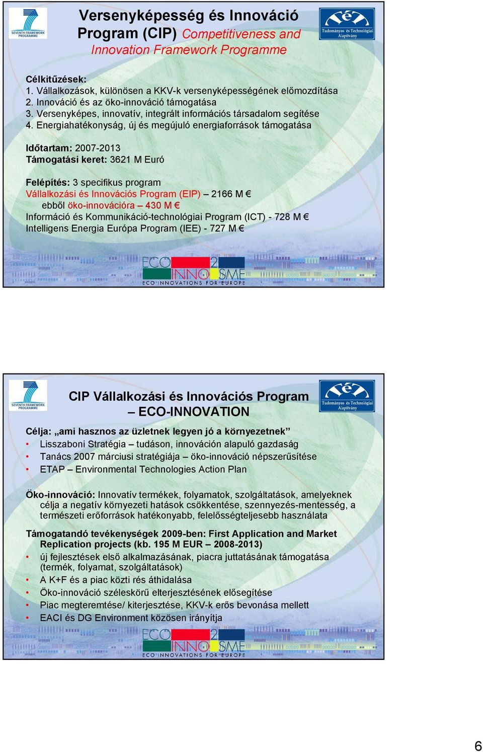 Energiahatékonyság, új és megújuló energiaforrások támogatása Idıtartam: 2007-2013 Támogatási keret: 3621 M Euró Felépítés: 3 specifikus program Vállalkozási és Innovációs Program (EIP) 2166 M ebbıl