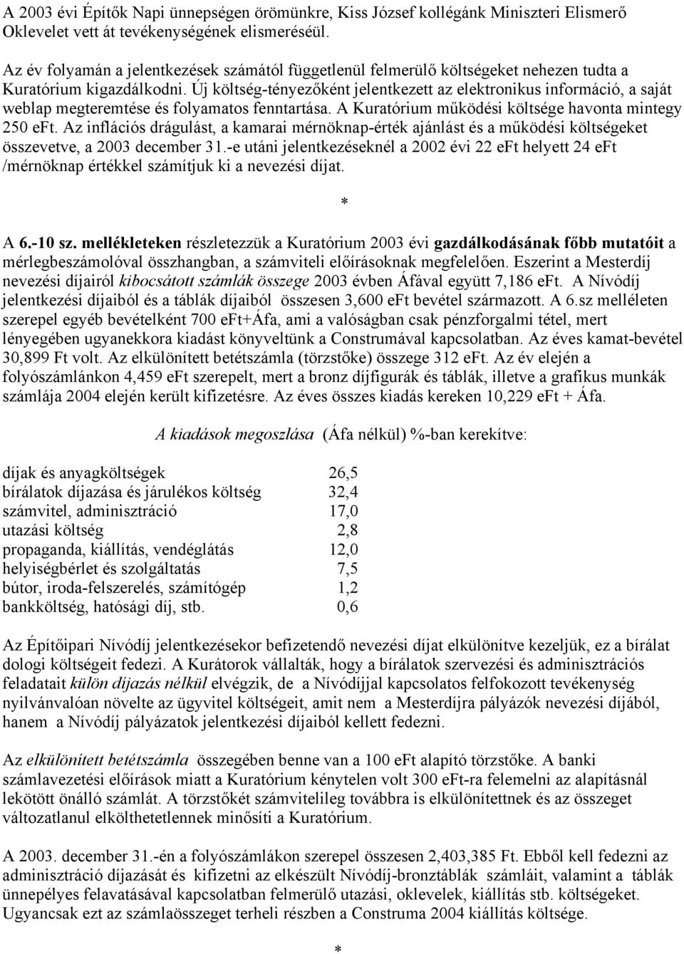 Új költség-tényezőként jelentkezett az elektronikus információ, a saját weblap megteremtése és folyamatos fenntartása. A Kuratórium működési költsége havonta mintegy 250 eft.